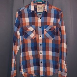 Thin AE Flannel. White, Orange, Blue.